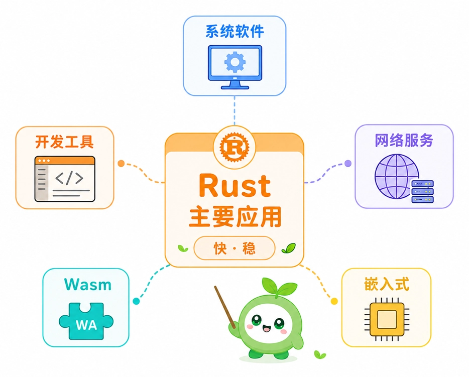 Rust的主要应用领域，涵盖底层系统软件、开发工具、高性能网络服务、WebAssembly以及嵌入式开发。
