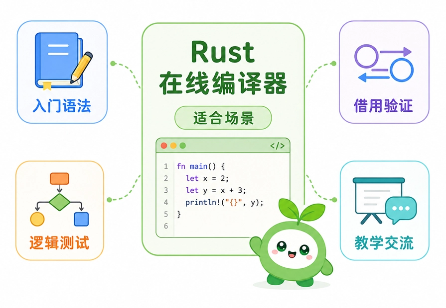 Rust在线编译器的常见适用场景，包括入门语法练习、所有权与借用验证、逻辑测试以及教学交流。