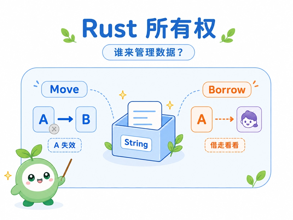 Rust独有的所有权机制图解，生动展示了数据管理中的Move（搬家）和Borrow（借用）规则。