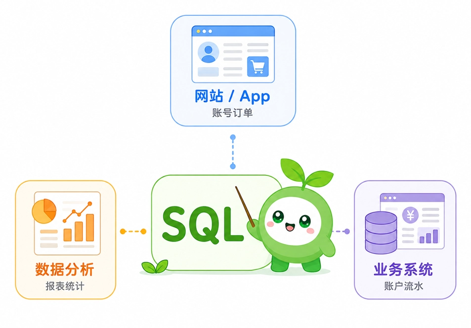 SQL的主要应用领域，涵盖网站与App开发的数据存储、数据分析报表统计，以及业务系统的数据管理。