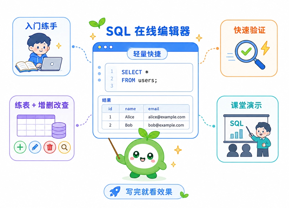 SQL在线编辑器的常见应用场景，包括新手入门练手、快速验证、练习表结构与增删改查，以及课堂教学演示。