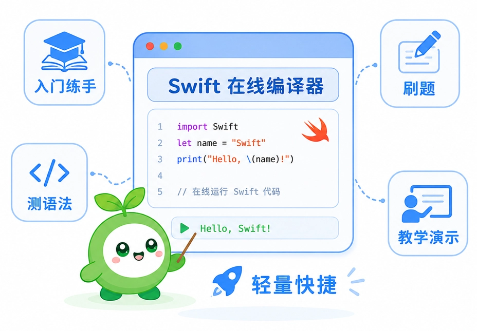 绿叶网 Swift 在线编译器适合新手入门、快速测语法、刷题及课堂演示等轻量快捷场景。