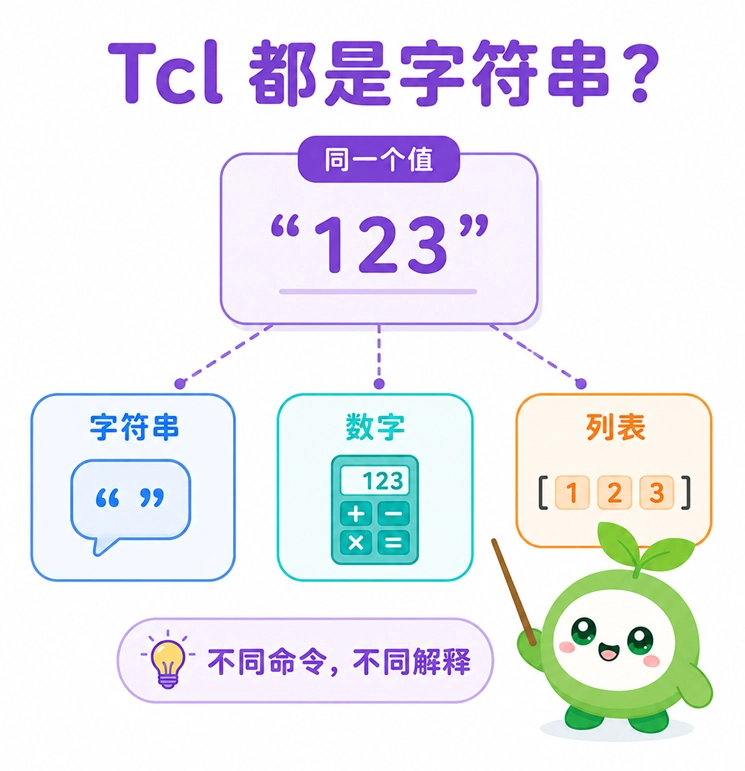 Tcl 数据解释机制演示，直观解释了“一切都是字符串”的入门口诀，同时说明了同一个值在不同命令下会被灵活处理为字符串、数字或列表的底层原理。