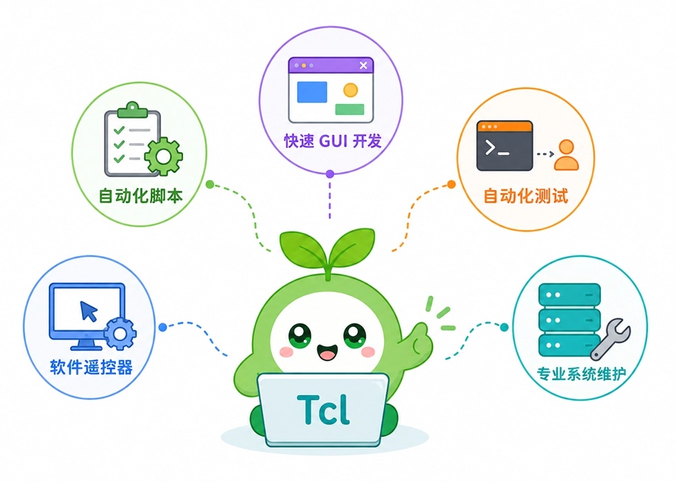 Tcl 的常见应用领域归纳，涵盖自动化批处理脚本、大型专业软件遥控扩展、快速 GUI 开发、自动化交互测试以及专业工程系统维护。