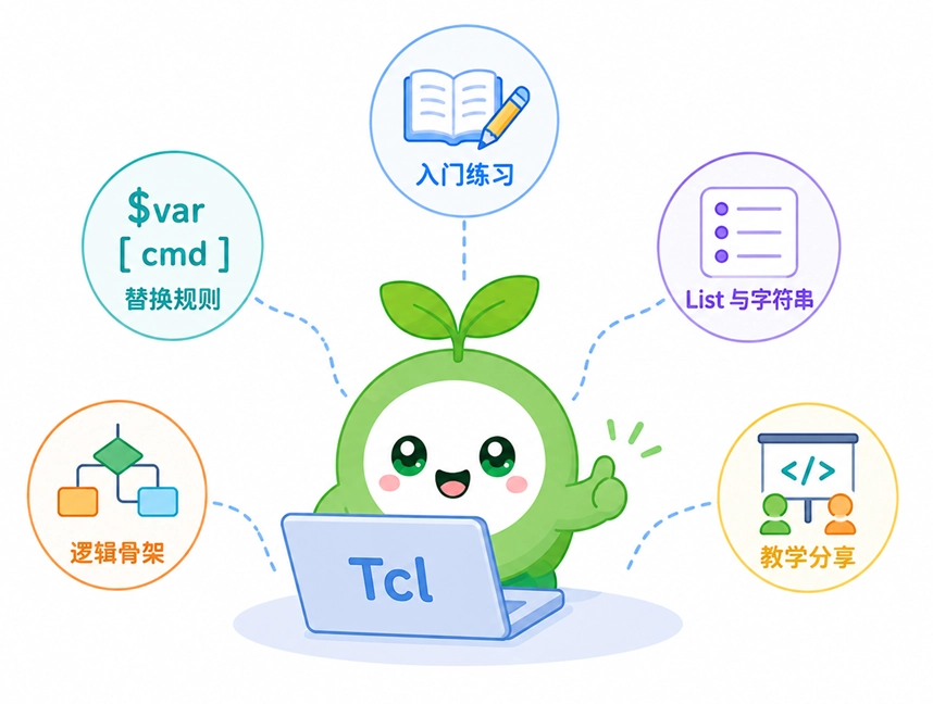 绿叶网 Tcl 在线编译器的适用场景图解，展示了其在入门练习、语法替换测试、List 与字符串处理、逻辑骨架验证及教学分享等轻量级场景中的便捷性。
