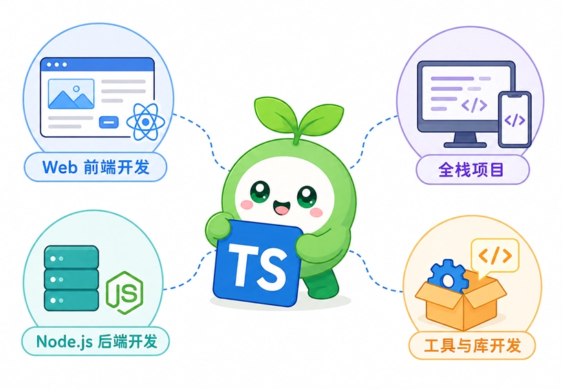 TypeScript的主要应用领域：Web前端开发、Node.js后端开发、全栈项目以及工具与库开发
