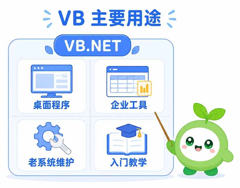 Visual Basic 的主要应用领域，包括开发桌面程序、企业工具、维护老系统以及入门教学。