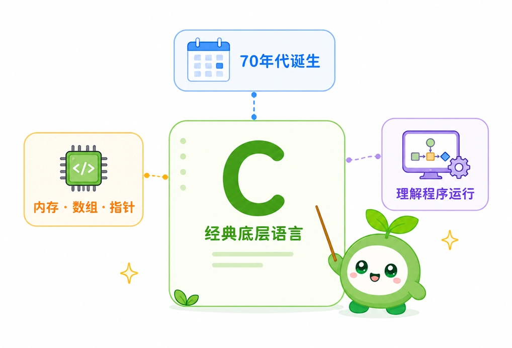 C语言的特点介绍，它诞生于20世纪70年代，是一门能帮助透彻理解程序运行逻辑的经典底层编程语言。