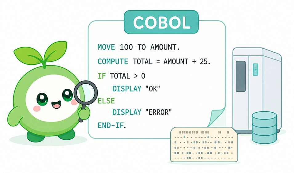 COBOL 编程语言简介，展示了其类似于英语直白表达的语法特点以及在商业数据处理中的应用。