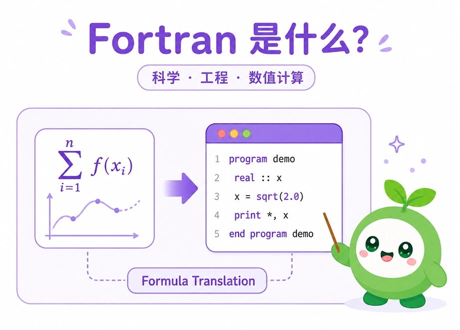 Fortran 语言简介图,说明其名称代表“公式翻译”,是一门专为科学、工程和数值计算设计的语言。
