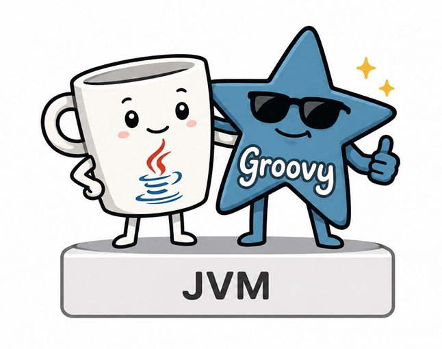 Groovy 与 JVM 关系示意图,形象地将 Groovy 比作 Java 的灵动版表亲,展示了其作为运行在 Java 虚拟机(JVM)上的编程语言的特点。