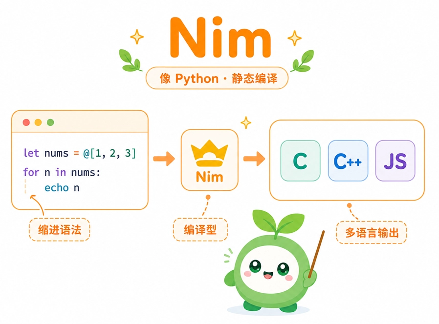 Nim语言的核心特点:结合了类似Python的简洁语法与静态编译型语言的优势。
