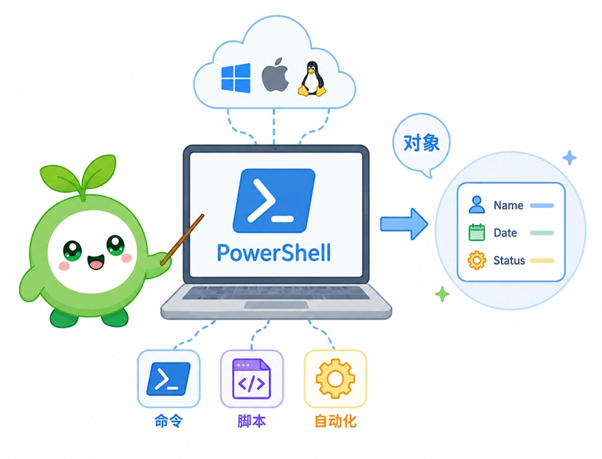 PowerShell 核心概念介绍，展示其作为跨平台工具能够执行命令、编写脚本和实现自动化，并重点突出了其输出结果为结构化对象而非纯文本的特性。