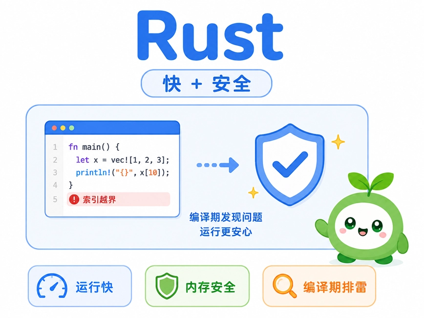 Rust语言的核心特点，它兼顾了极高的运行速度与内存安全，能够在代码编译阶段排查潜在问题。