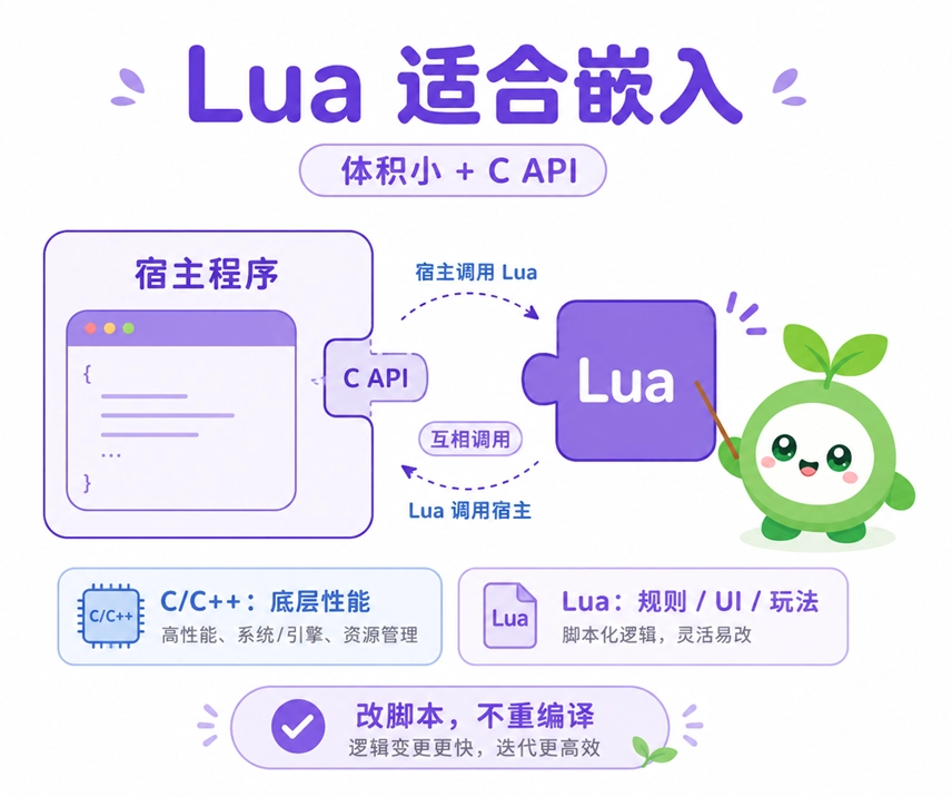 Lua 适合嵌入宿主程序的原因演示，说明其凭借小巧体积与自带的 C API，能与 C/C++ 主程序无缝配合，实现修改逻辑无需重新编译的优势。