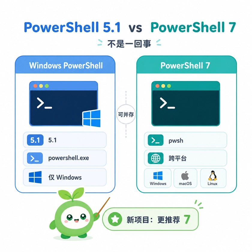 Windows PowerShell 与 PowerShell 7 的对比解析，指出 5.1 版本局限于 Windows 系统，而 PowerShell 7 作为跨平台现代版本更适合新项目，且两者可在系统中并存互不干扰。