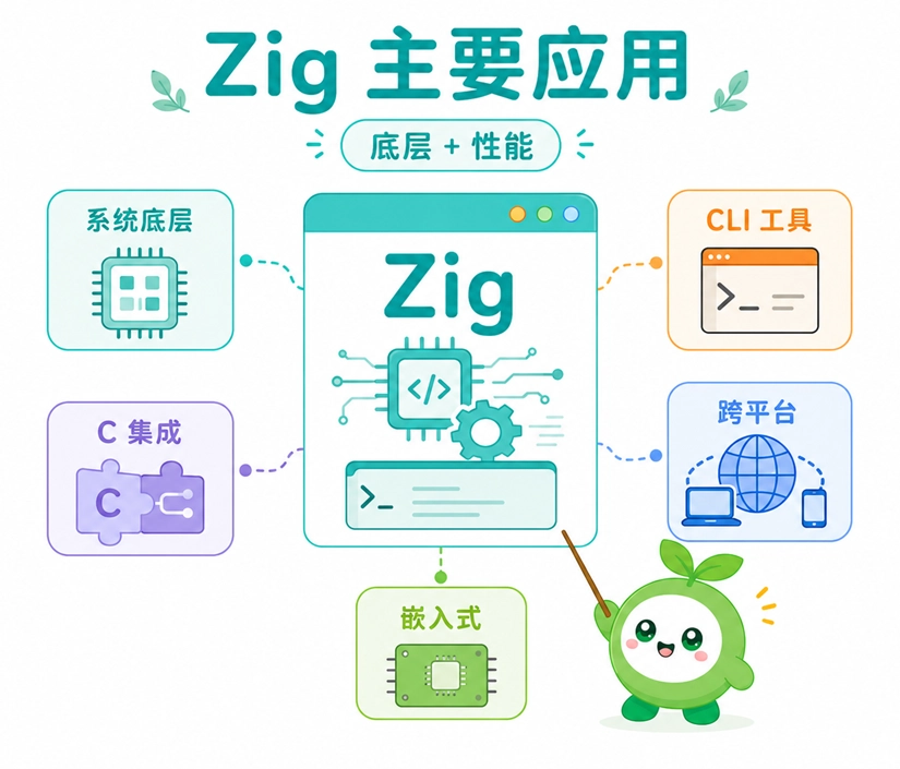 Zig语言的主要应用领域，涵盖系统底层开发、命令行工具与C集成等。