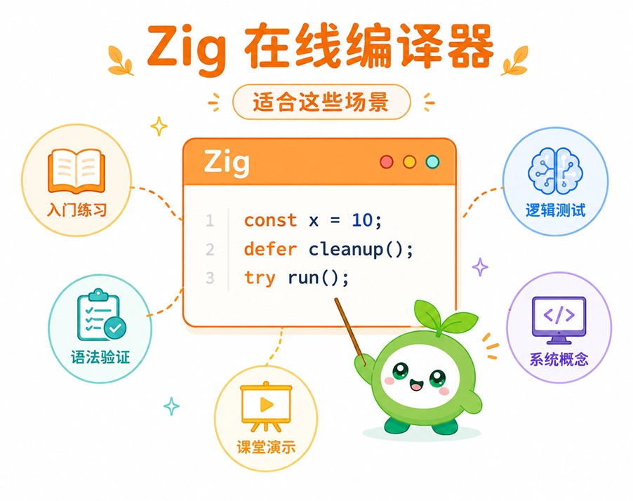 绿叶网 Zig在线编译器的常见使用场景，包括新手入门练习与系统概念学习等。