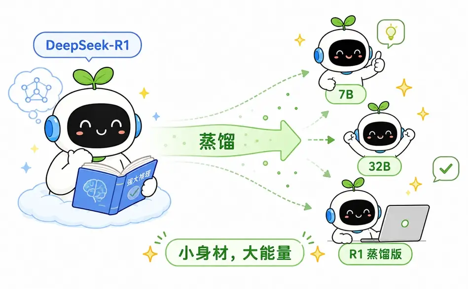 大模型蒸馏真实案例:DeepSeek-R1 推理大模型将能力蒸馏给 7B 和 32B 等小模型的图解