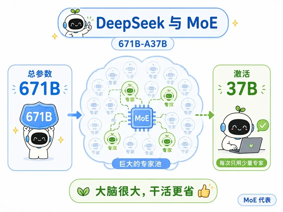 DeepSeek 大模型 MoE 架构解析:671B 总参数的超级大脑与 A37B 激活参数干活的运作机制图解