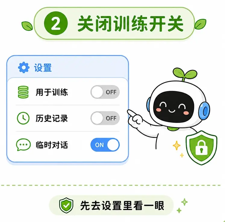 关闭大模型数据训练开关:在 AI 设置中关闭历史记录与用于训练选项以保护个人隐私
