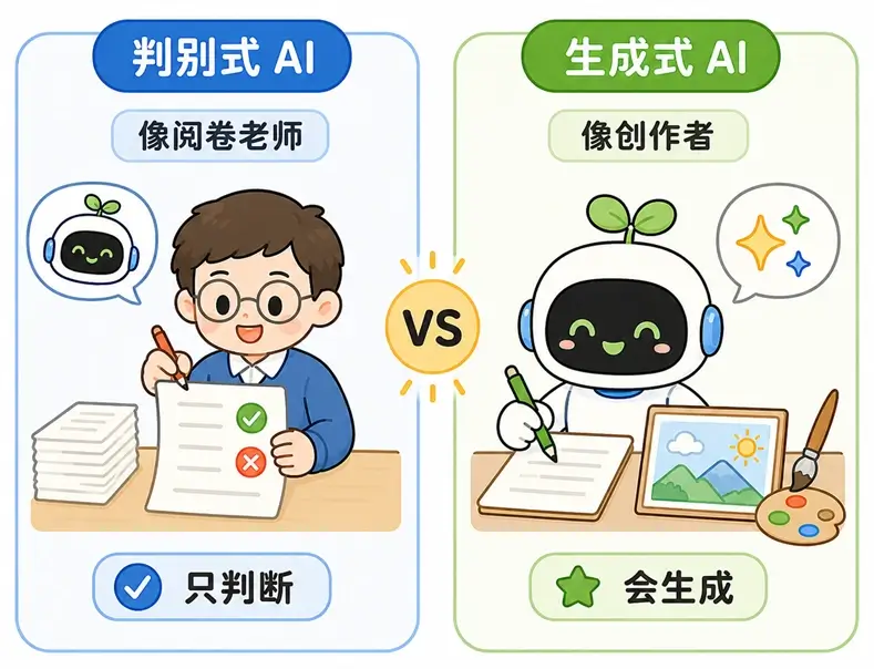 判别式 AI 与生成式 AI(AIGC)的区别:阅卷老师与创作者的形象对比