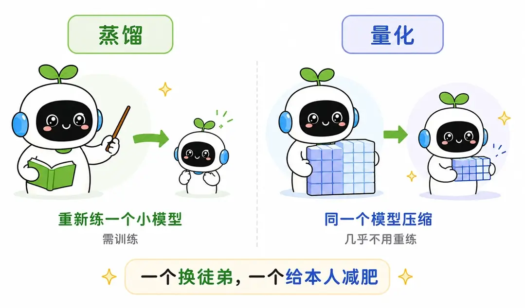 两种大模型瘦身术对比：大模型蒸馏（重新练一个小模型）与大模型量化（同一模型压缩）的区别