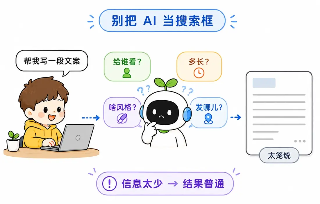 将 AI 大模型当成简单搜索框提问的误区图解:输入信息太少且要求太笼统,会导致 AI 只能给出普通且缺乏针对性的废话答案