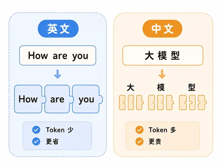 早期大模型中英文 Token 消耗对比：汉字占用 Token 较多导致计费昂贵