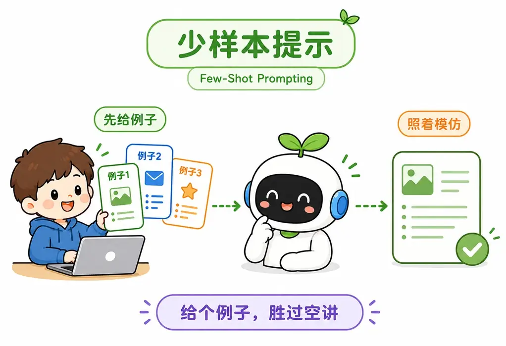 少样本提示核心概念图解:与其用空洞的话语给大模型提要求,不如直接给它看几个例子让它照着模仿,达到给个例子胜过空讲的效果