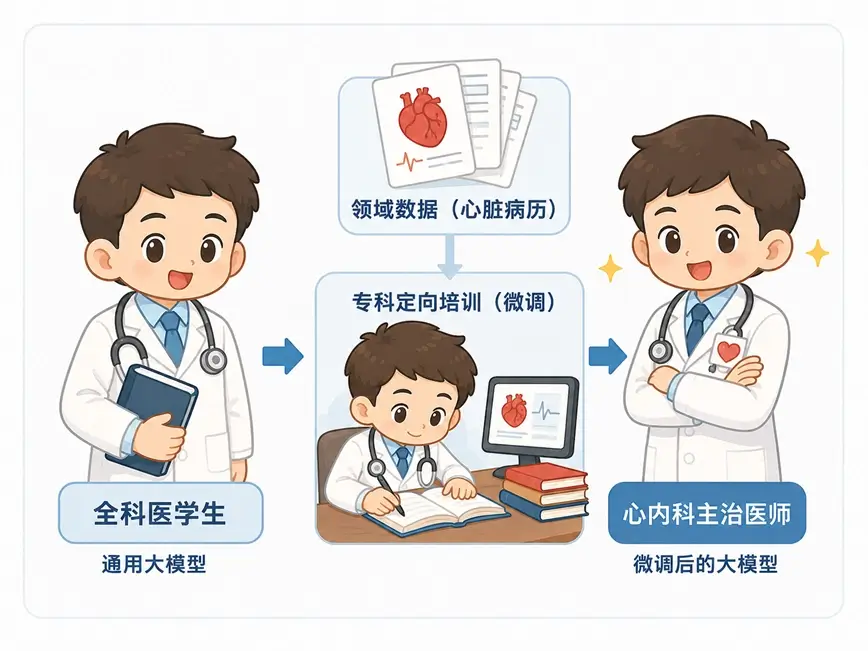 大模型微调通俗比喻：将通用大模型（全科医学生）通过领域数据培训，升级为领域专家（心内科主治医师）