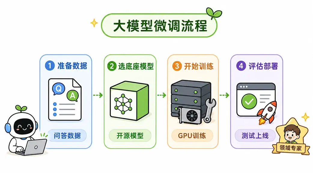 开发者在本地对开源大模型进行微调的工作流程四步曲：准备数据集、选择底座模型、开启 GPU 训练、评估部署