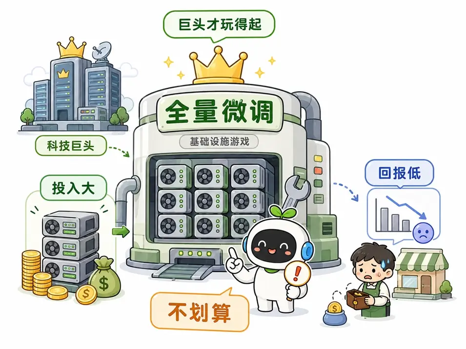 全量微调投入产出比图解:需要极大算力投入的科技巨头基础设施游戏,不适合普通开发者首选