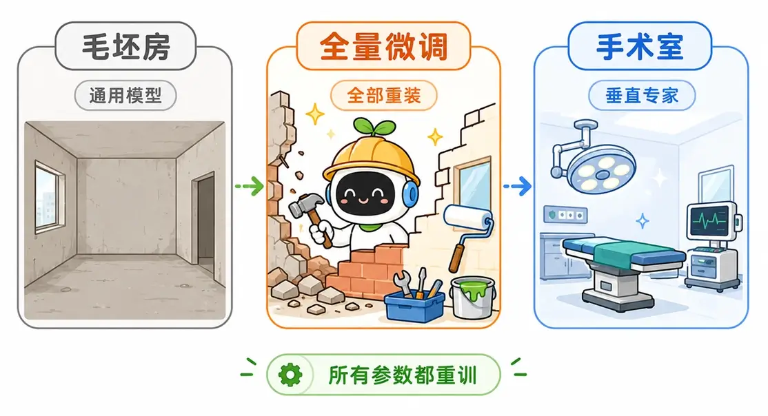 大模型全量微调的房屋大翻新比喻:把通用模型当作毛坯房,将其所有参数从里到外全部重装,最终改造成作为垂直领域专家的专业手术室