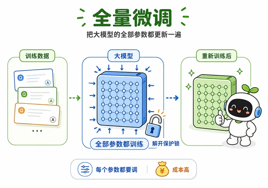 什么是大模型全量微调?解开大模型几十亿参数的保护锁,进行重新训练的原理图解