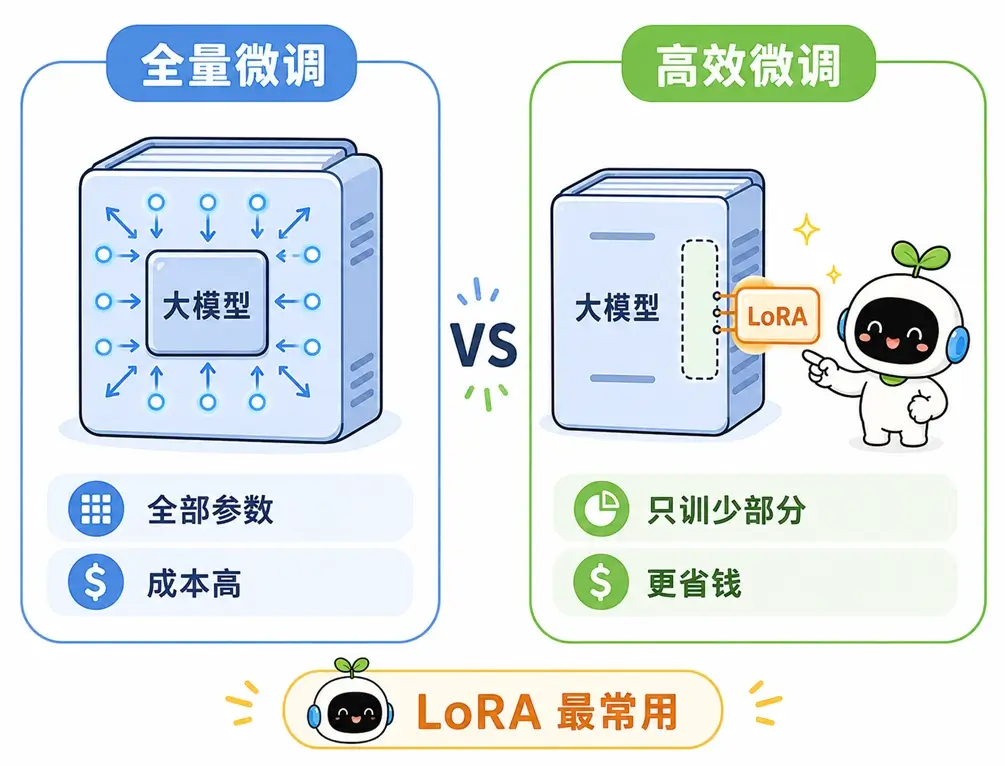 大模型全量微调与高效微调对比图解:全量微调需更新全部参数导致成本极高,而高效微调仅训练部分参数更加省钱