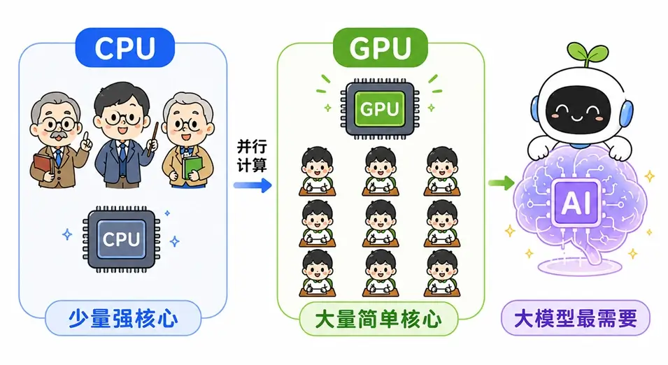 GPU 适合大模型的原因图解:大量简单核心(如小学生)并行计算海量重复数学题
