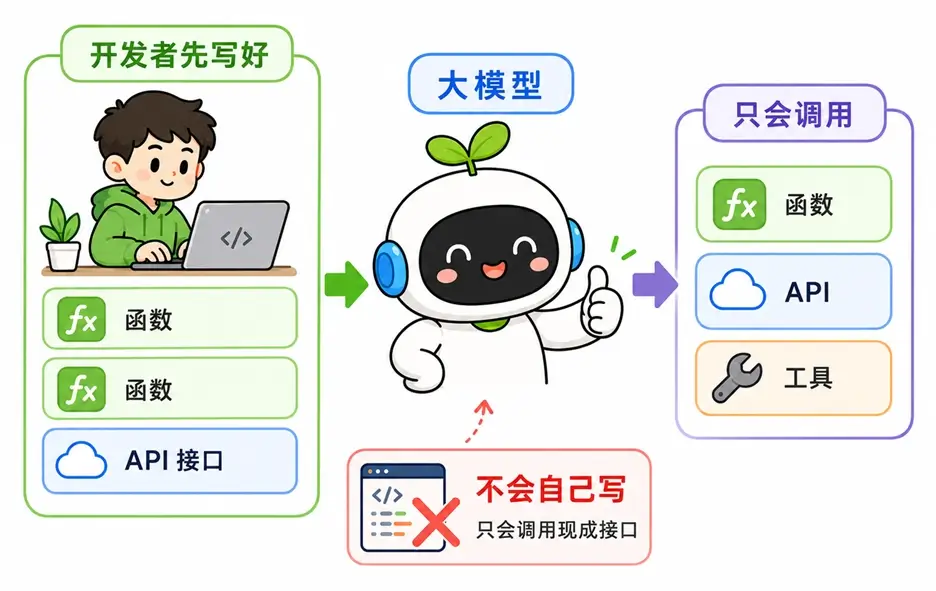 大模型工具调用误区纠正:大模型不直接发送网络请求,而是由开发者后台代码执行
