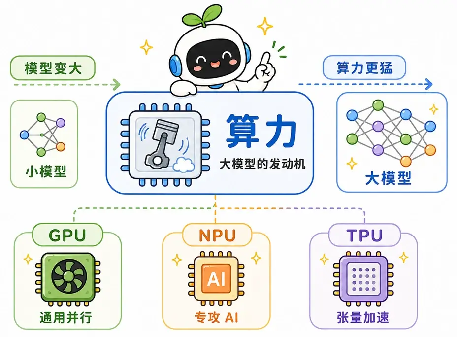 大模型算力基础的三大核心芯片图解:提供海量算力的通用并行主力 GPU、为 AI 量身定制的专用机 TPU 以及端侧设备本地运行的省电小助手 NPU