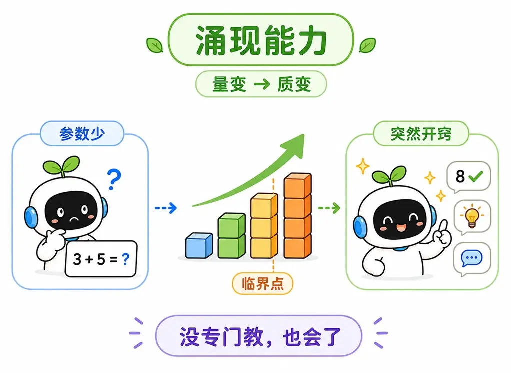 大模型涌现能力通俗图解:展示了当 AI 参数量跨过临界点后,从无法处理简单计算到突然掌握复杂技能的“量变引起质变”过程。
