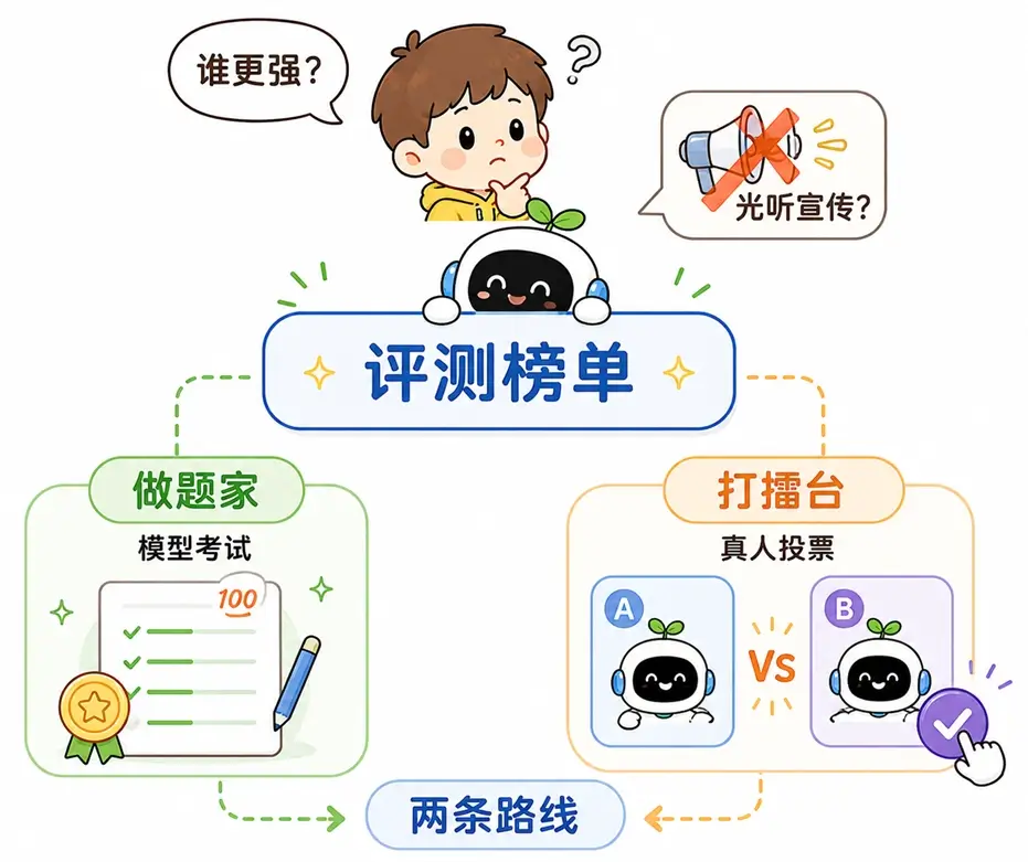 大模型能力评测榜单的两条主流打分路线图解:一条是让大模型做标准基准考卷的客观做题测试路线,另一条是让真实用户匿名对决打擂台的盲测投票路线