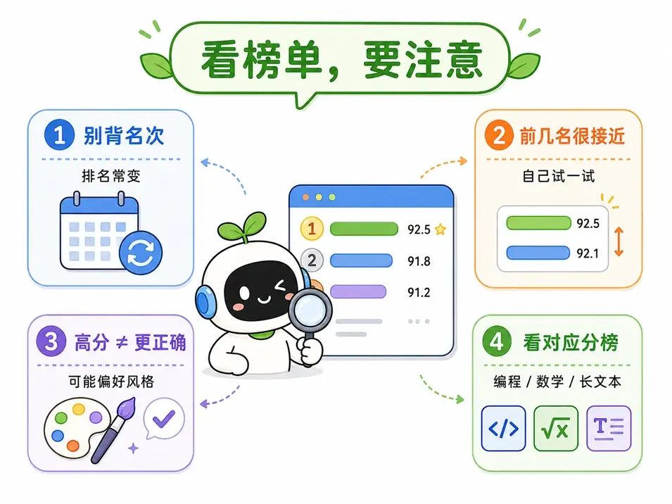 查看大模型评测榜单的注意事项:名次波动、分数接近、风格偏差与细分榜单
