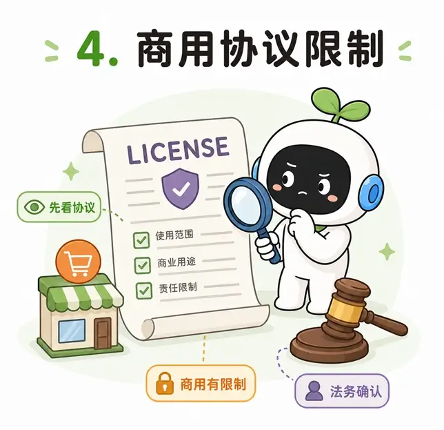 开源模型商用协议(License)限制：企业接入前需确认法务授权