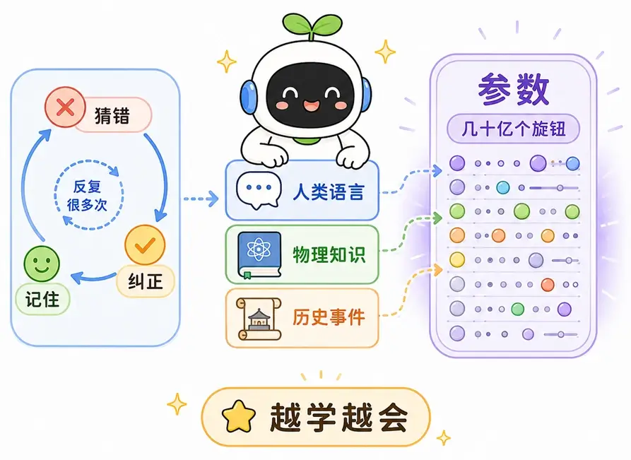 大模型预训练参数调整:通过反复猜错与纠正,将物理历史知识固定在几十亿个旋钮参数上