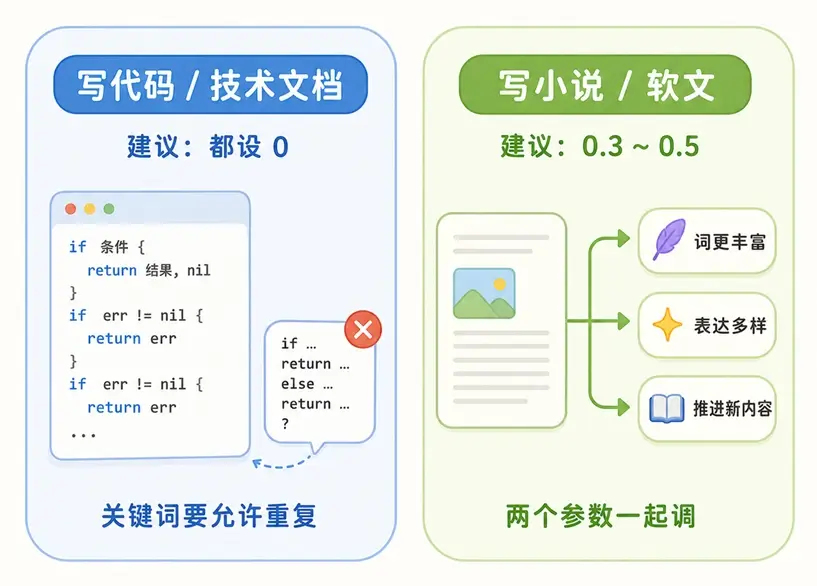频率与存在惩罚实战调参推荐:严谨写代码设为0,与写发散小说长文设为0.3-0.5对比