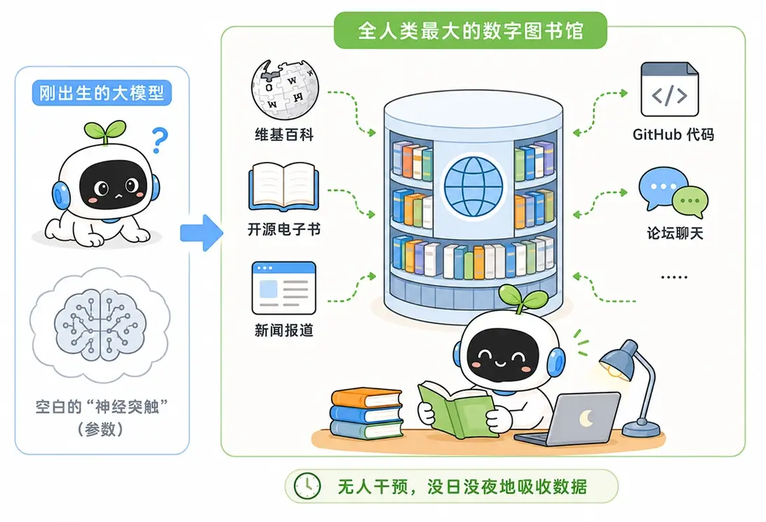 大模型预训练(Pre-training)语料:吸收维基百科、新闻与代码的海量数字图书馆
