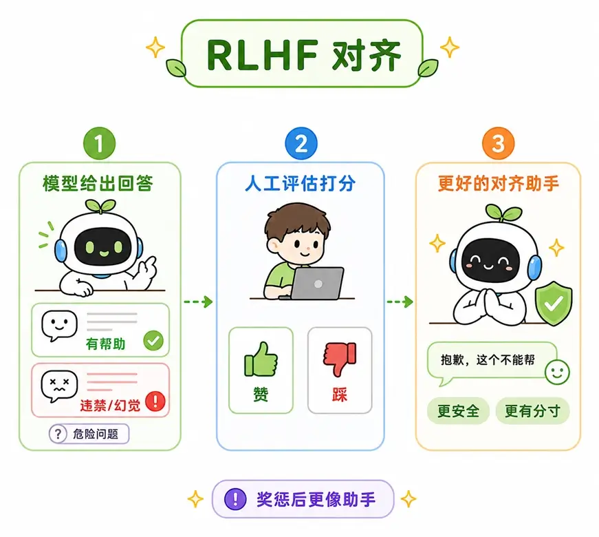 大模型 RLHF(人类反馈强化学习)与对齐图解：通过人工评分调教，生成更安全有分寸的助手