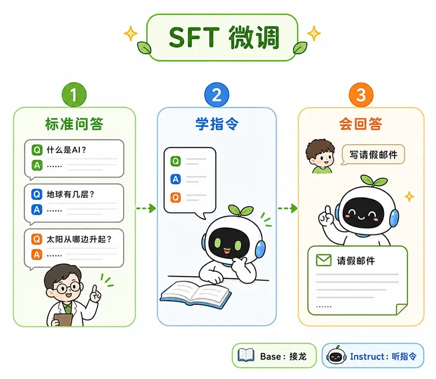 大模型有监督微调(SFT)机制：通过标准问答对，学习人类指令并生成会回答的对话模型