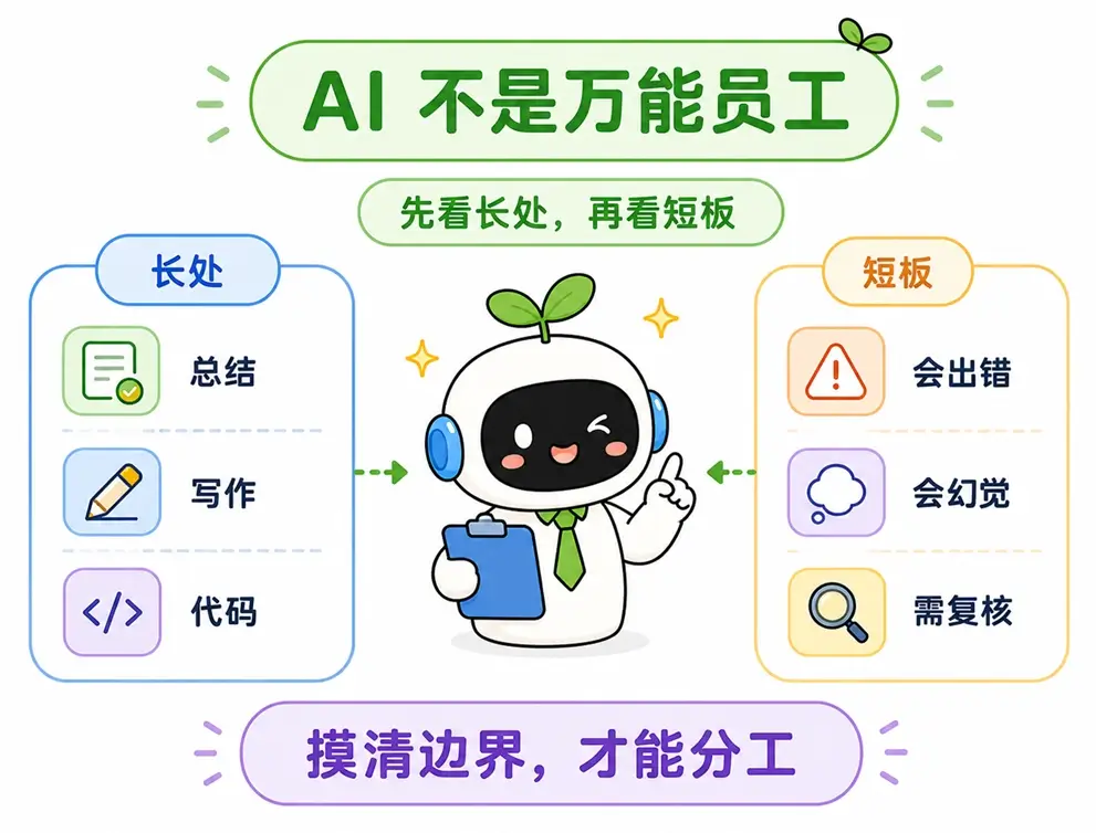 大模型不是万能员工图解:只有先摸清大语言模型的长处与短板,看清其能力边界,才能更好地为它分配合适的任务