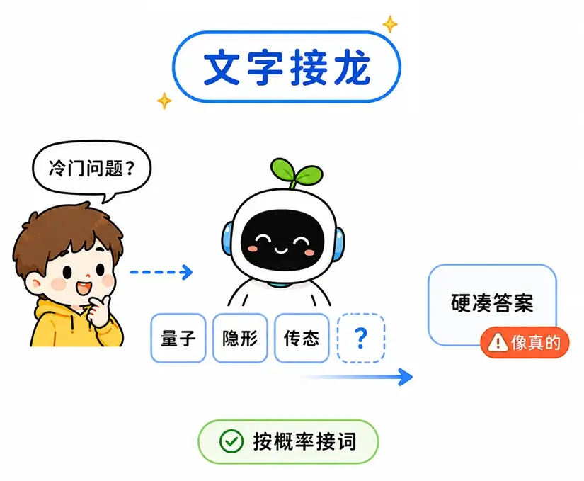 大模型产生幻觉原因一：文字接龙机制遇到冷门知识时按概率强凑答案